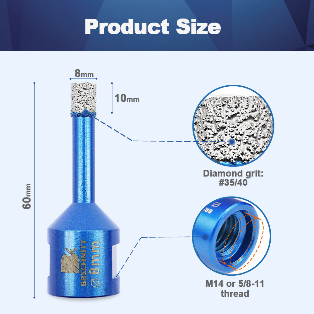 BRSCHNITT 2pcs 8mm Diamond Core Drill Bit M14 Vacuum Brazed Diamond Hole Saw  for Marble Granite Ceramic Porcelain Tile