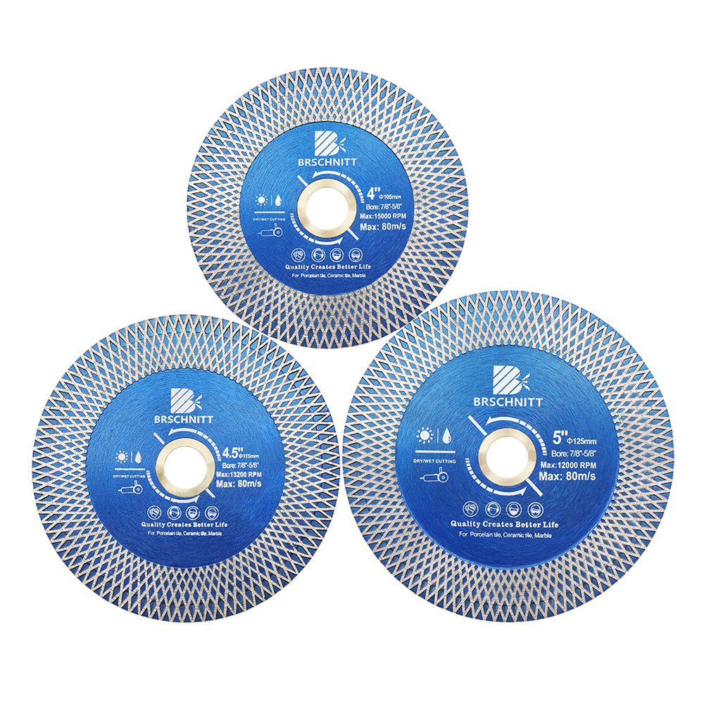 BRSCHNITT Diamant-Schneid- und Schleifsägeblatt, doppelseitig, X-Maschen, 1 Stück oder 2 Stück, Durchmesser 4"/4,5"/5" Keramikfliesen, Porzellan, Marmor, Stein, Trennscheibe