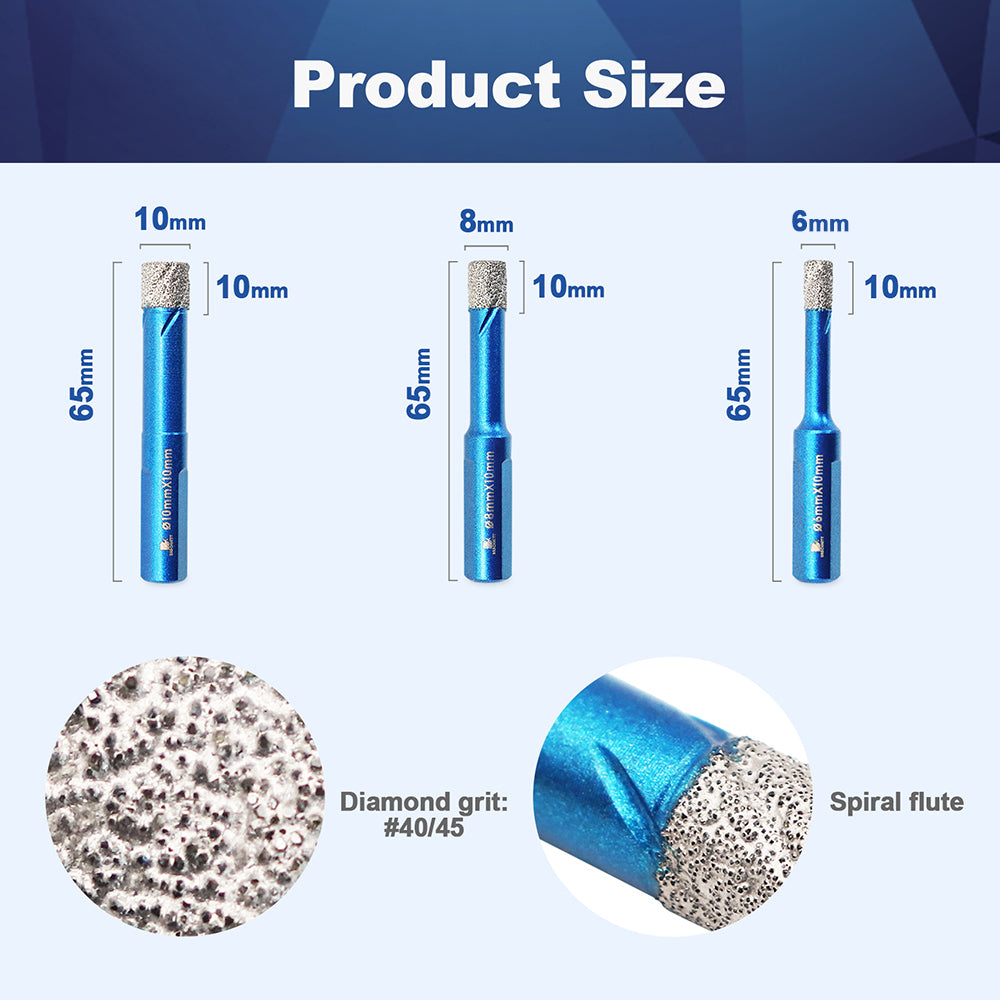 BRSCHNITT Triangle Shank Diamond Dry Drill Bit 6-10mm for Ceramic Tile Granite Marble Porcelain Stone Vacuum Brazed