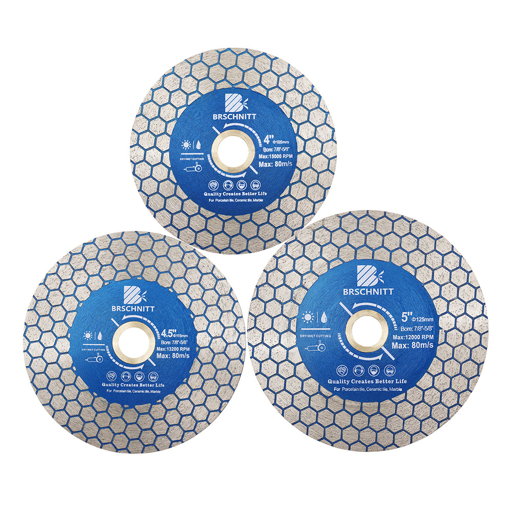 BRSCHNITT Diamant-Sägeblatt, sechseckig, zum Schneiden und Schleifen, doppelseitig, 1 Stück, Durchmesser 5 Zoll/125 mm, Trennscheibe für Keramikfliesen, Porzellan, Marmor, Stein