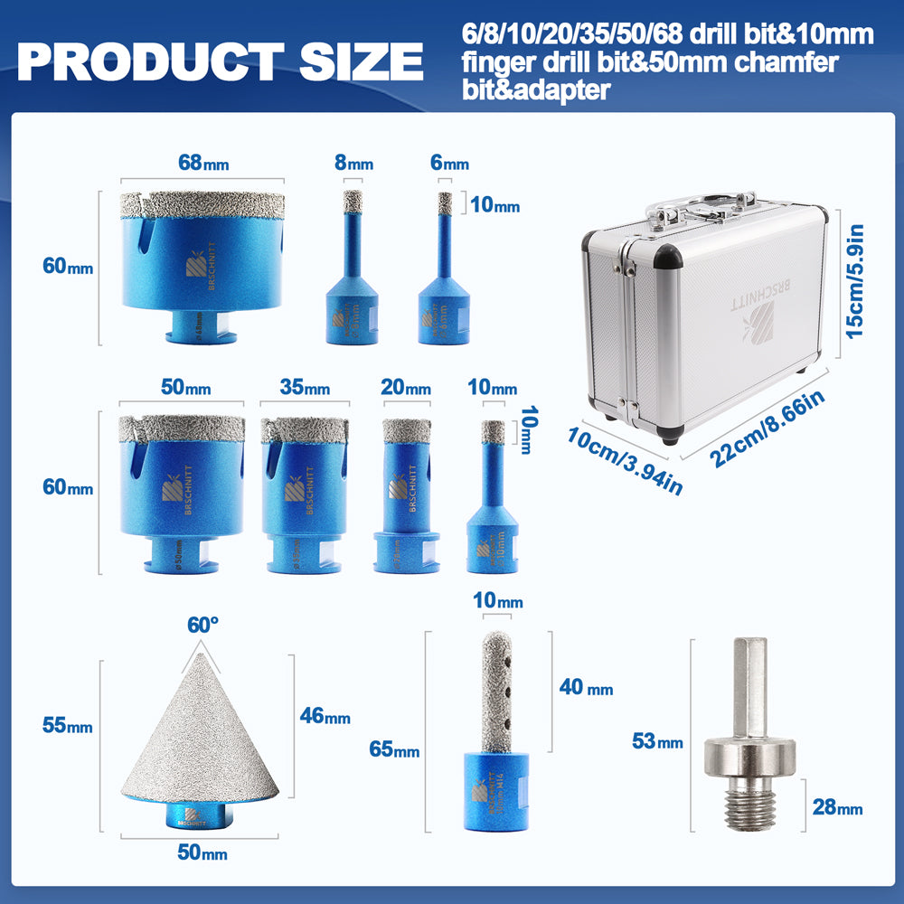 BRSCHNITT M14 Diamond Drill Bit Set 6-68mm with 10mm and 50mm Diamond Finger Bits for Tile Porcelain Granite Marble