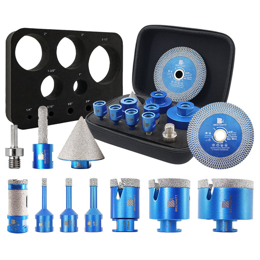 BRSCHNITT 6-65mm Diamond  11pcs Diamond Drill Set Hole Saw Kit Chamfer Milling Bit 125mm Cutting Disc Adapter Tile Marble Granite EVA Box 5/8"-11