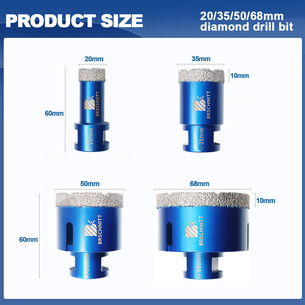BRSCHNITT 4pcs 20/35/50/68MM Diamond Core Drill Bit Set M14 Vacuum Brazed Diamond Hole Saw  for Marble Granite Ceramic Porcelain Tile