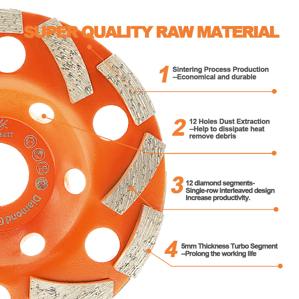 BRSCHNITT 4-1/2" Diamond Grinding Wheel Cup 7/8" Arbor with 5/8" Adapter Bushing #40/50 Grit for Concrete Granite Marble Masonry