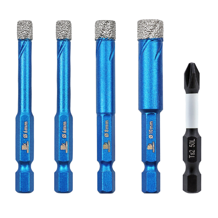 BRSCHNITT Hex Shank Diamond Drill Bit Set 5pcs 6-10mm with PH2 Bits for Granite Marble Tile