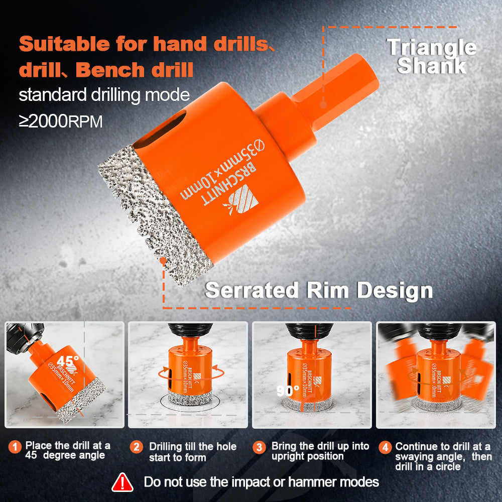 BRSCHNITT Triangle Shank Diamond Hole Saw Set 13pcs for Granite Marble Ceramic Porcelain Tile Vacuum Brazed Core Drill Bits