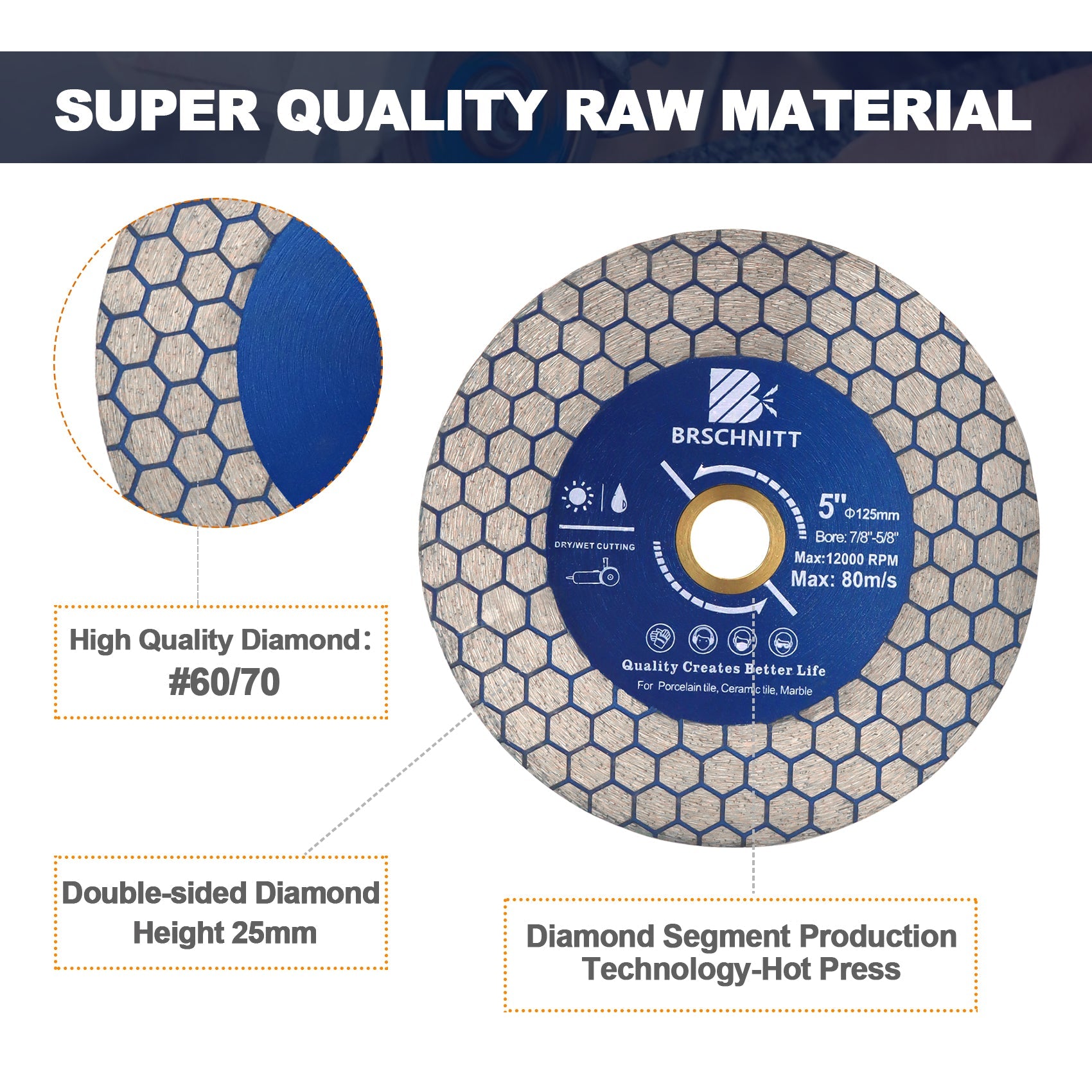BRSCHNITT 2pcs 5inch/125mm Diamond Saw Blade Hexgonal  Cutting Grinding Double Sided Ceramic Tile Porcelain Marble Stone Cutting Disc