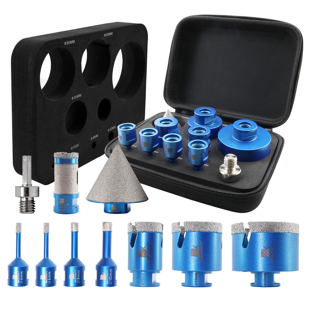 BRSCHNITT 10-tlg. M14 Diamant-Bohrer-Set 6-68 mm Blitzzähne trocken & nass mit Fräs- & Ansenkbohrern für Fliesen Granit