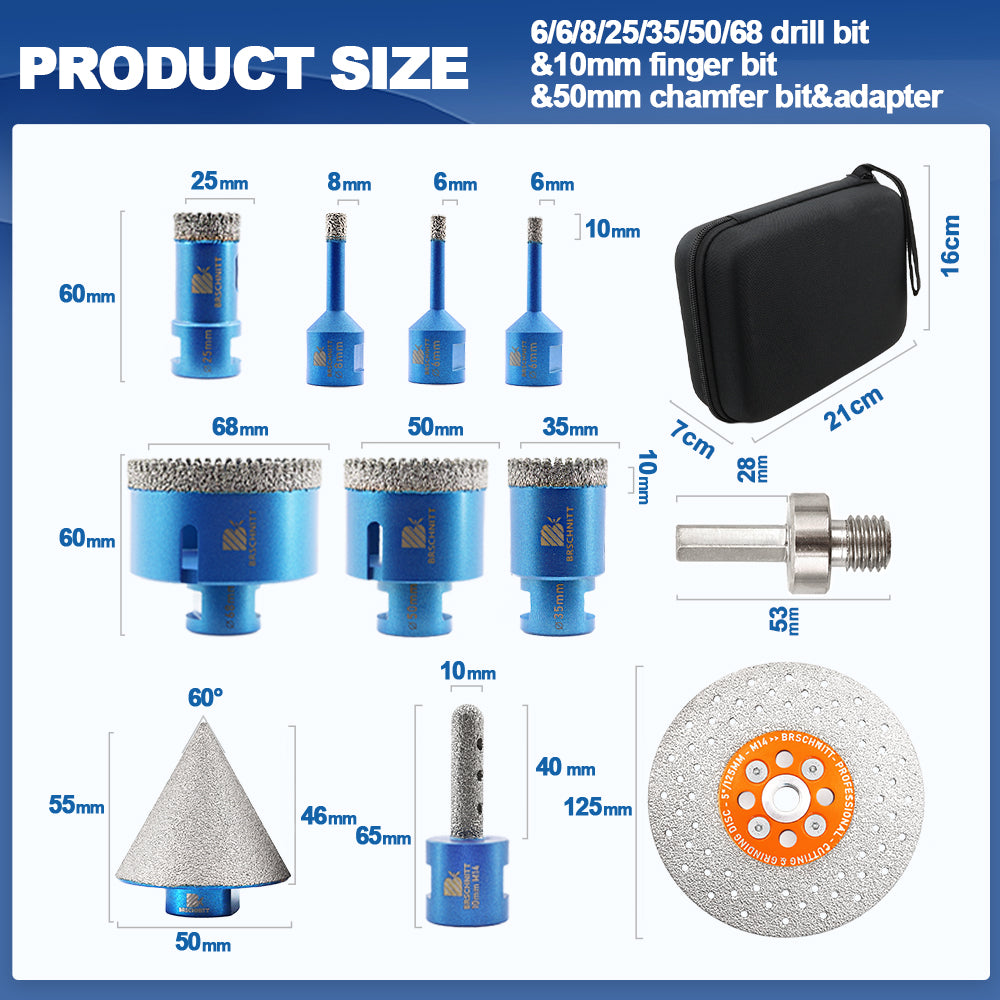 BRSCHNITT 10pcs 6-68mm Diamond Drill Bits Kit 5 inch Diamond Cutting Grinding Saw Blade Milling Bit 2inch Chamfer HEX Adapter For Tile Granite Marble