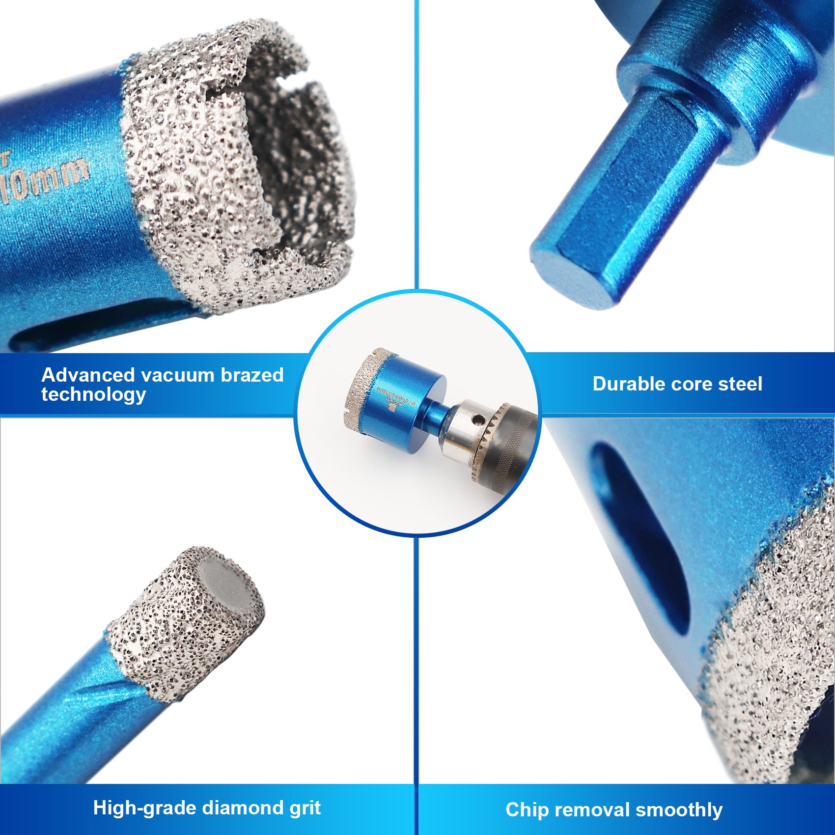 BRSCHNITT Triangle Shank Diamond Core Drill Bit Set 11pcs 6-65mm with Chamfer Bit for Tile Marble Granite