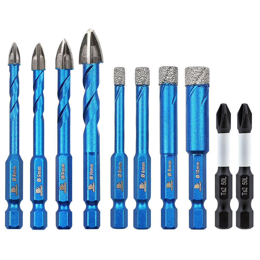 BRSCHNITT Quick-Fit Shank Serrated Carbide Masonry Drill Bit Set with Phillips Bits for Brick Ceramic Tile Wood Plastic