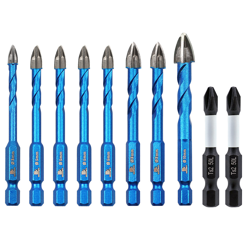 BRSCHNITT Quick-Fit Shank Serrated Carbide Masonry Drill Bit Set with Phillips Bits for Brick Ceramic Tile Wood Plastic