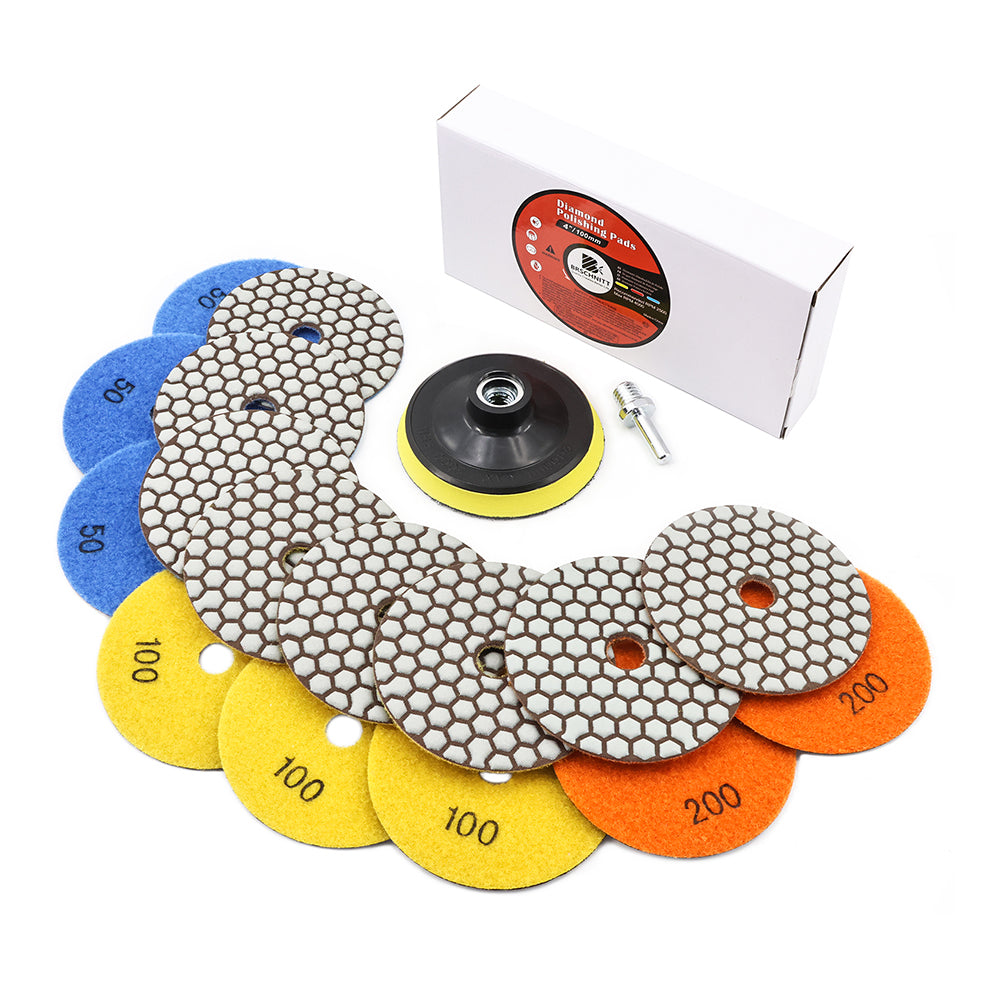 BRSCHNITT 4 Inch Dry Diamond Polishing Pads Set 50-800 Grit with M14 & 5/8"-11 Backer for Granite Marble Concrete Quartz