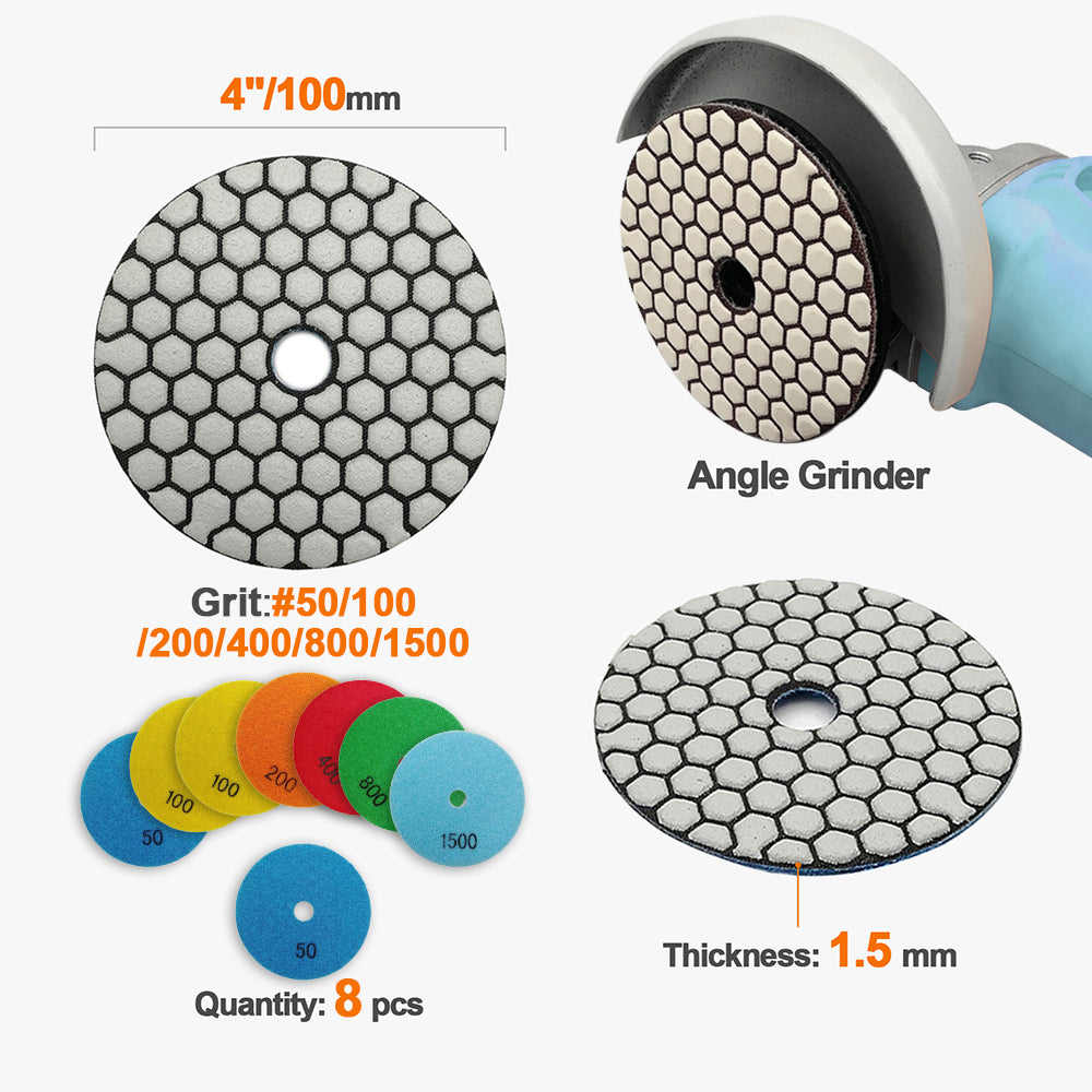 BRSCHNITT 8pcs Set Dry Diamond Polishing Pad Set 4" with M14 Backer for Granite Marble Concrete Quartzing with M14 Backer Pad Adapter