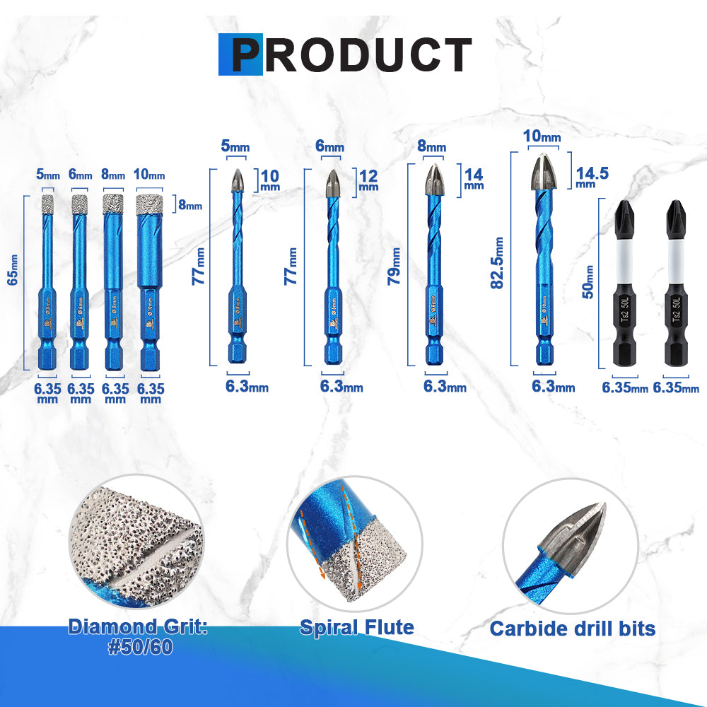 BRSCHNITT Quick-Fit Shank Serrated Carbide Masonry Drill Bit Set with Phillips Bits for Brick Ceramic Tile Wood Plastic