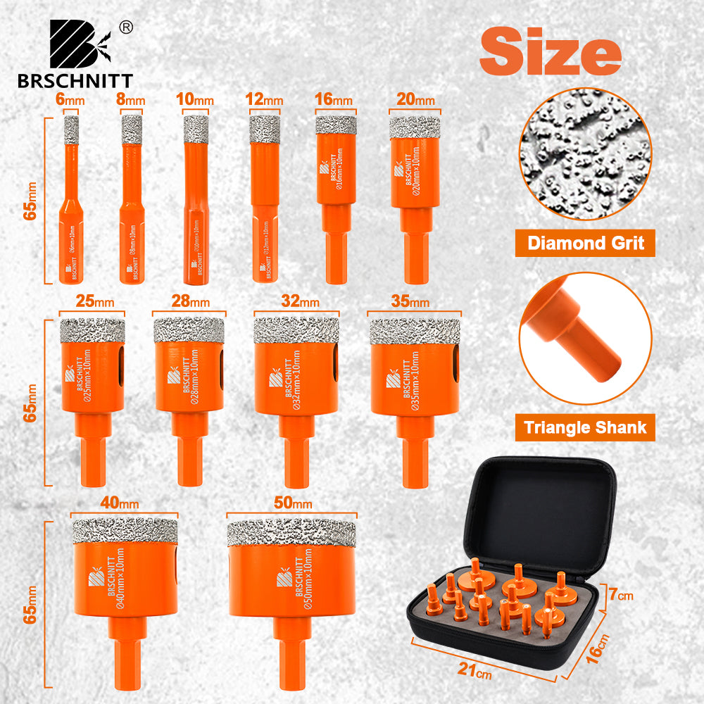 BRSCHNITT Triangle Shank Diamond Hole Saw Set 13pcs for Granite Marble Ceramic Porcelain Tile Vacuum Brazed Core Drill Bits