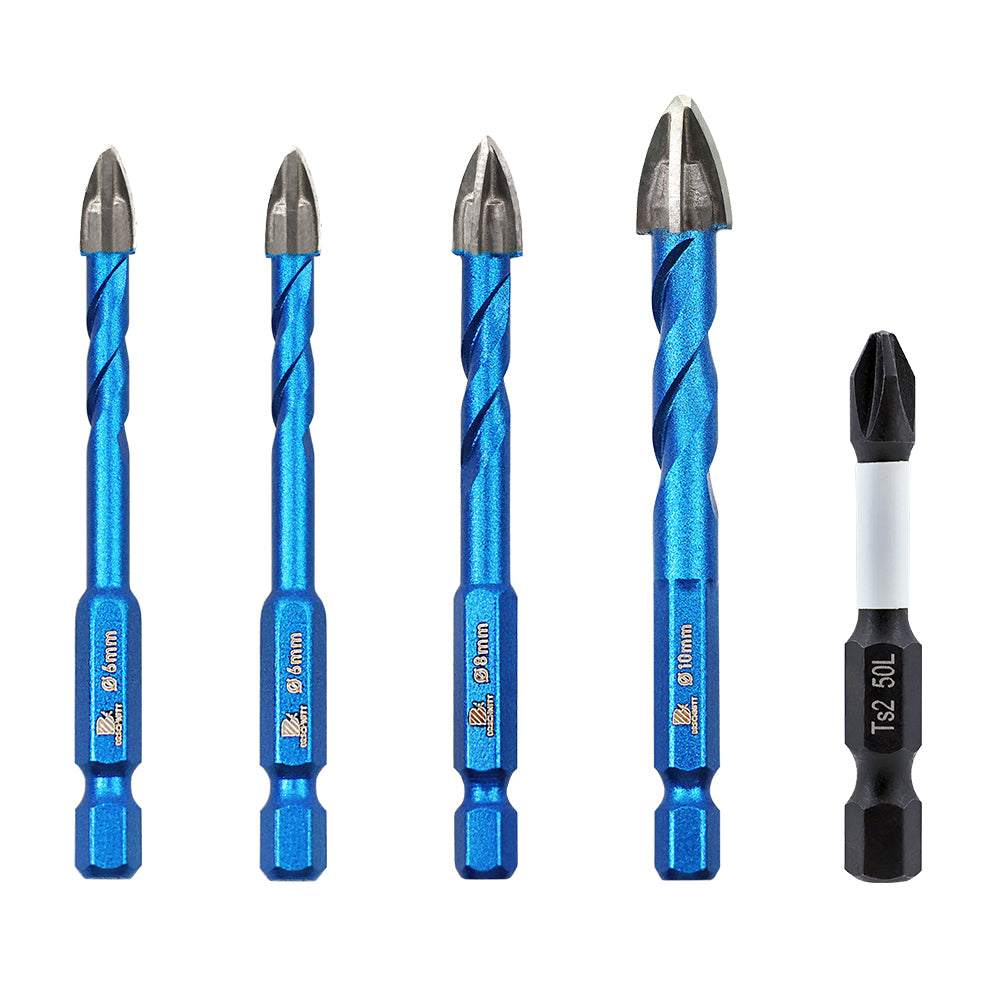 BRSCHNITT Quick-Fit Shank Serrated Carbide Masonry Drill Bit Set with Phillips Bits for Brick Ceramic Tile Wood Plastic