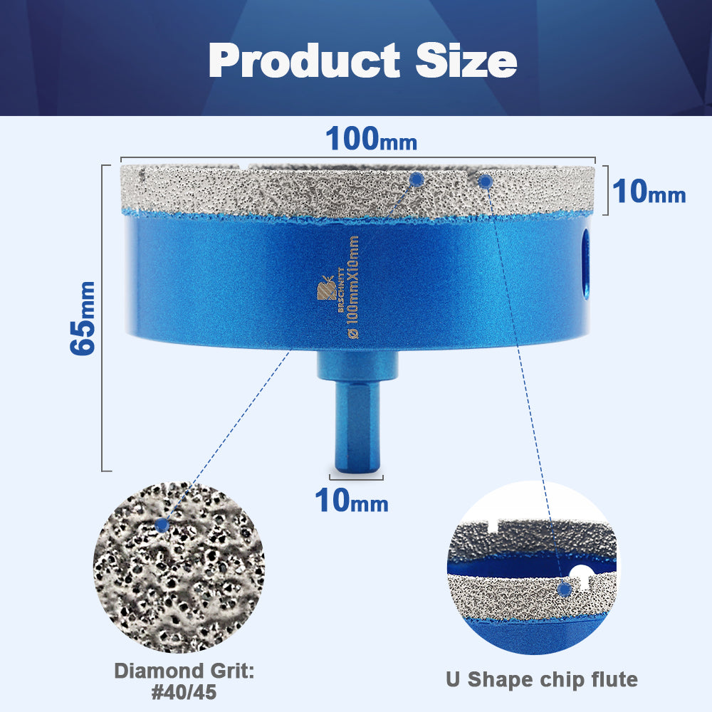 BRSCHNITT Diamond Drill Core Bit 1pc Dia 100mm with Triangle Shank Drilling Ceramic Marble Granite Porcelain Tile Vacuum Brazed Hole Saw