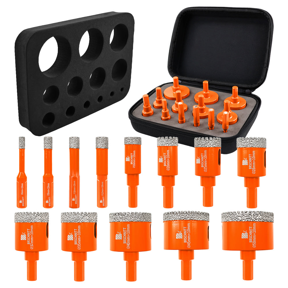BRSCHNITT Triangle Shank Diamond Hole Saw Set 13pcs for Granite Marble Ceramic Porcelain Tile Vacuum Brazed Core Drill Bits