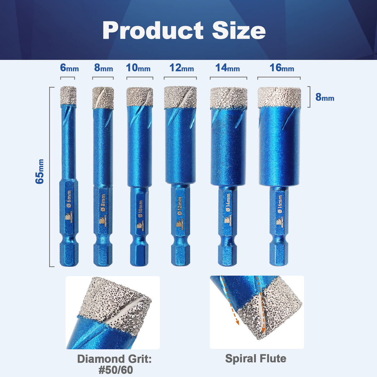BRSCHNITT Quick-Fit Shank Diamond Dry Core Drill Bit 6-16mm for Ceramic Tile Granite Marble Vacuum Brazed