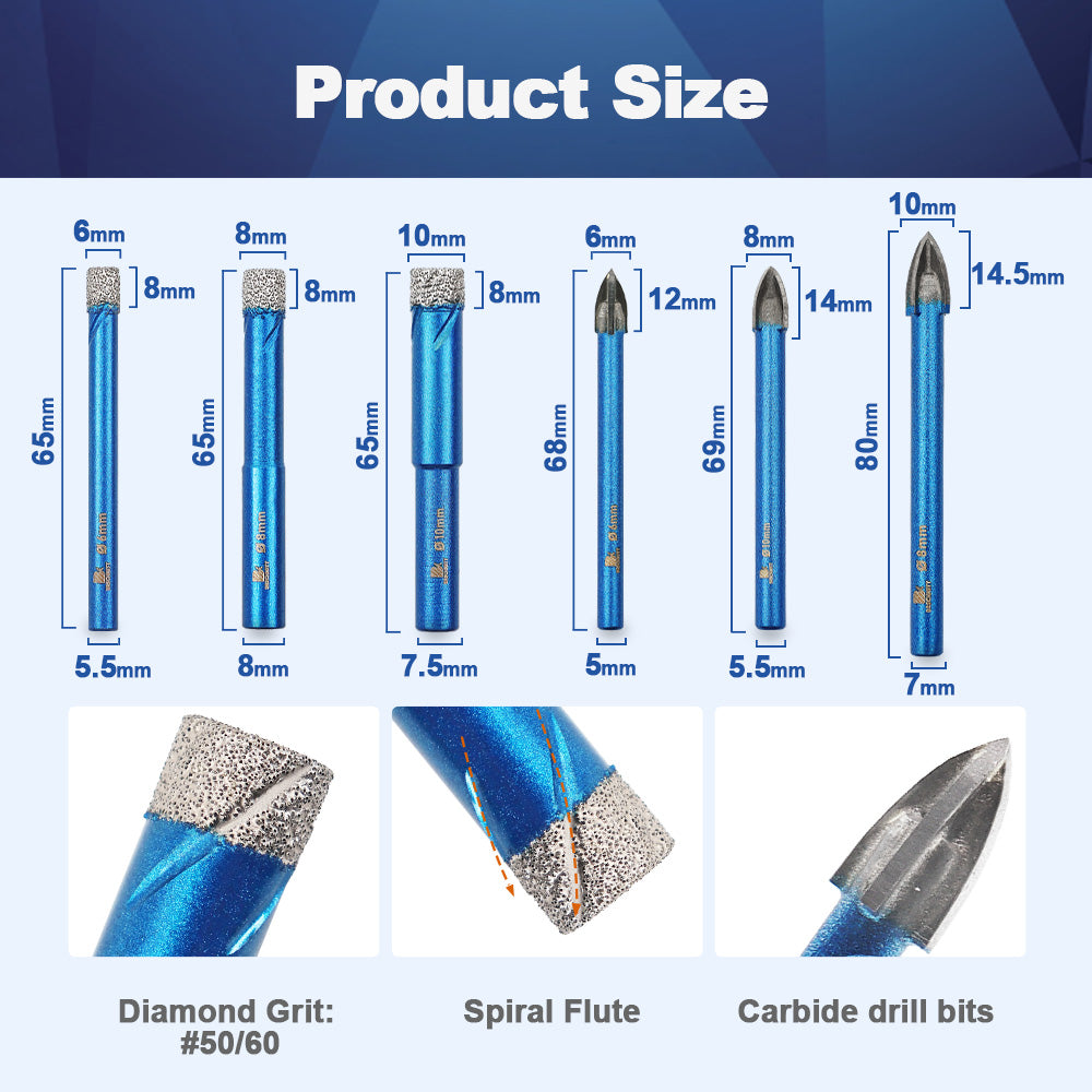 BRSCHNITT Dry Diamond Hole Saw Set 10pcs 6-10mm with Carbide Drill Bits for Porcelain Tile Ceramic Stone