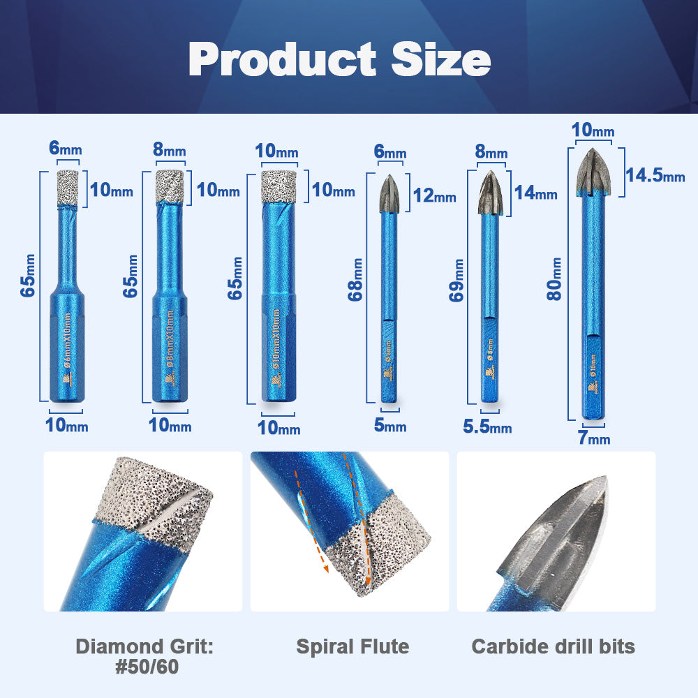 BRSCHNITT Triangle Shank Diamond Core Drill Bit Set 10pcs 6-10mm Dry Drilling for Porcelain Tile Granite Marble