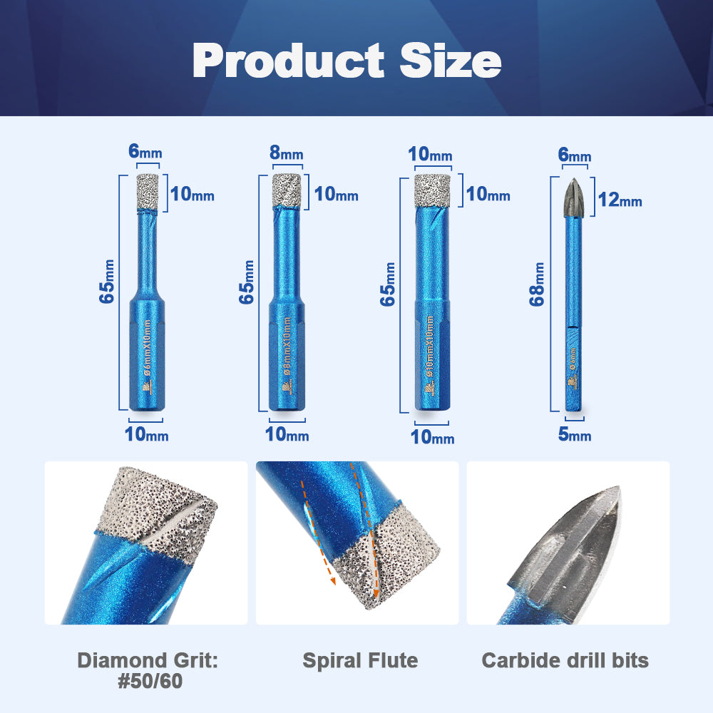 BRSCHNITT Triangle Shank Diamond Core Drill Bit Set 10pcs 6-10mm Dry Drilling for Porcelain Tile Granite Marble