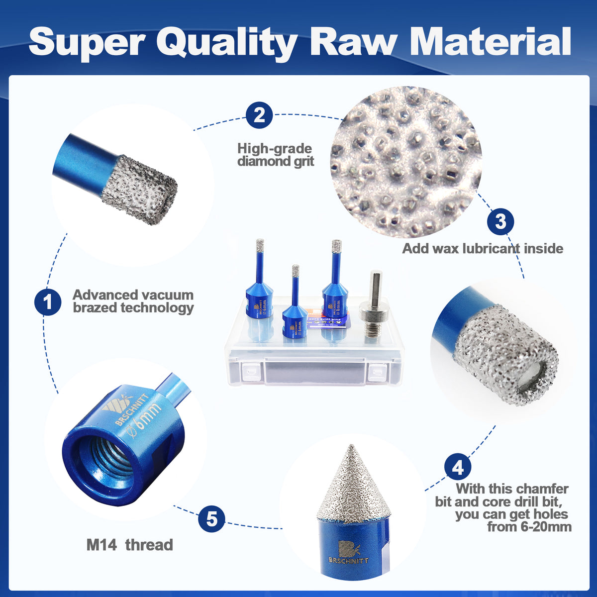 BRSCHNITT M14 Diamond Drill Bit Set 6-10mm with 20mm Chamfer Bit for Tile Porcelain Granite Marble