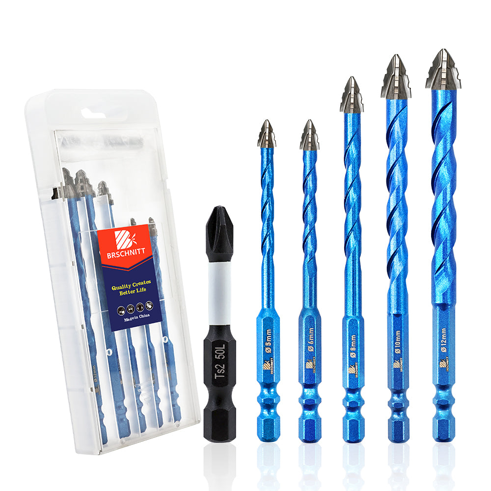 BRSCHNITT 6pcs 5/6/8/10/12mm Drill Bit Set with Tungsten Carbide Tip for Wood Plastic Masonry Ceramic Tile Concrete
