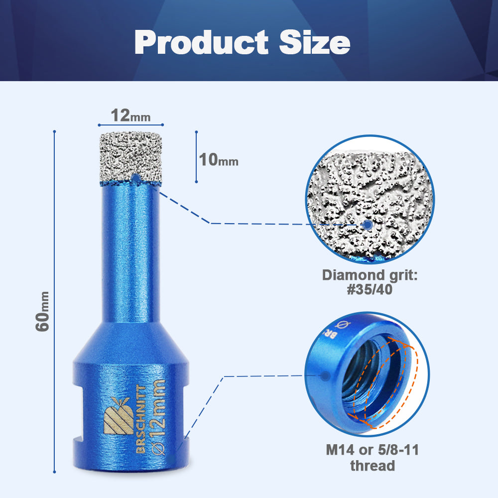 BRSCHNITT Diamond Core Drill Bit 2pcs 12mm M14 Vacuum Brazed Diamond Hole Saw  for Marble Granite Ceramic Porcelain Tile