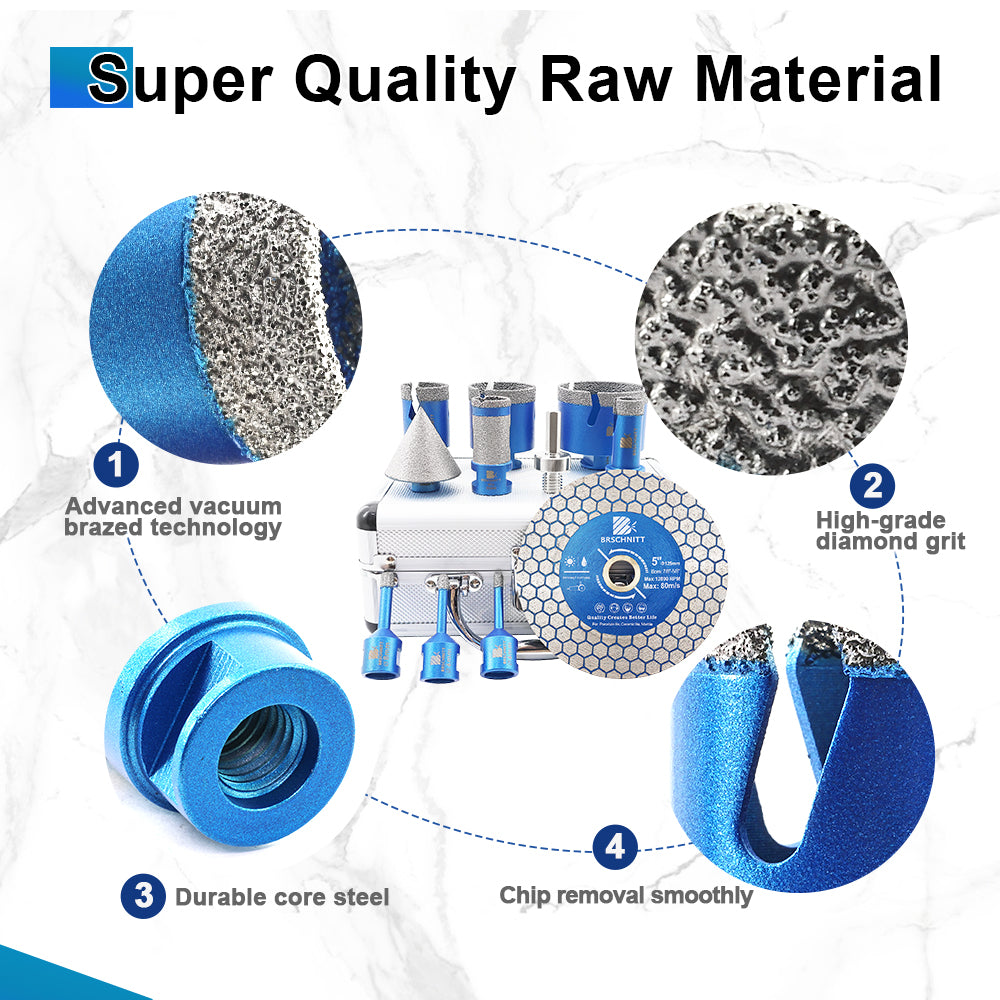 BRSCHNITT 6-68MM Diamond Hole Saw Kit 11pcs Diamond Drill Set Chamfer Milling Bit 125mm Cutting Disc Adapter Tile Marble Granite Hole Saw Tools
