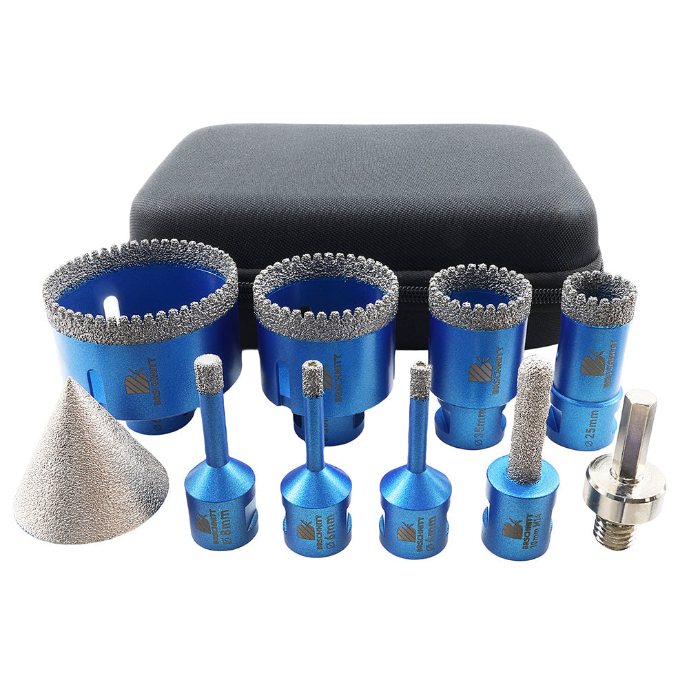 BRSCHNITT 10pcs 6-68mm Diamond Drill Bits Kit 5 inch Diamond Cutting Grinding Saw Blade Milling Bit 2inch Chamfer HEX Adapter For Tile Granite Marble