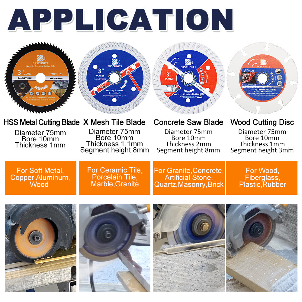 BRSCHNITT 75mm 3“ Diamond Saw Blade Set 4pcs with 10mm Arbor for Cutting Tile Stone Concrete Granite Marble
