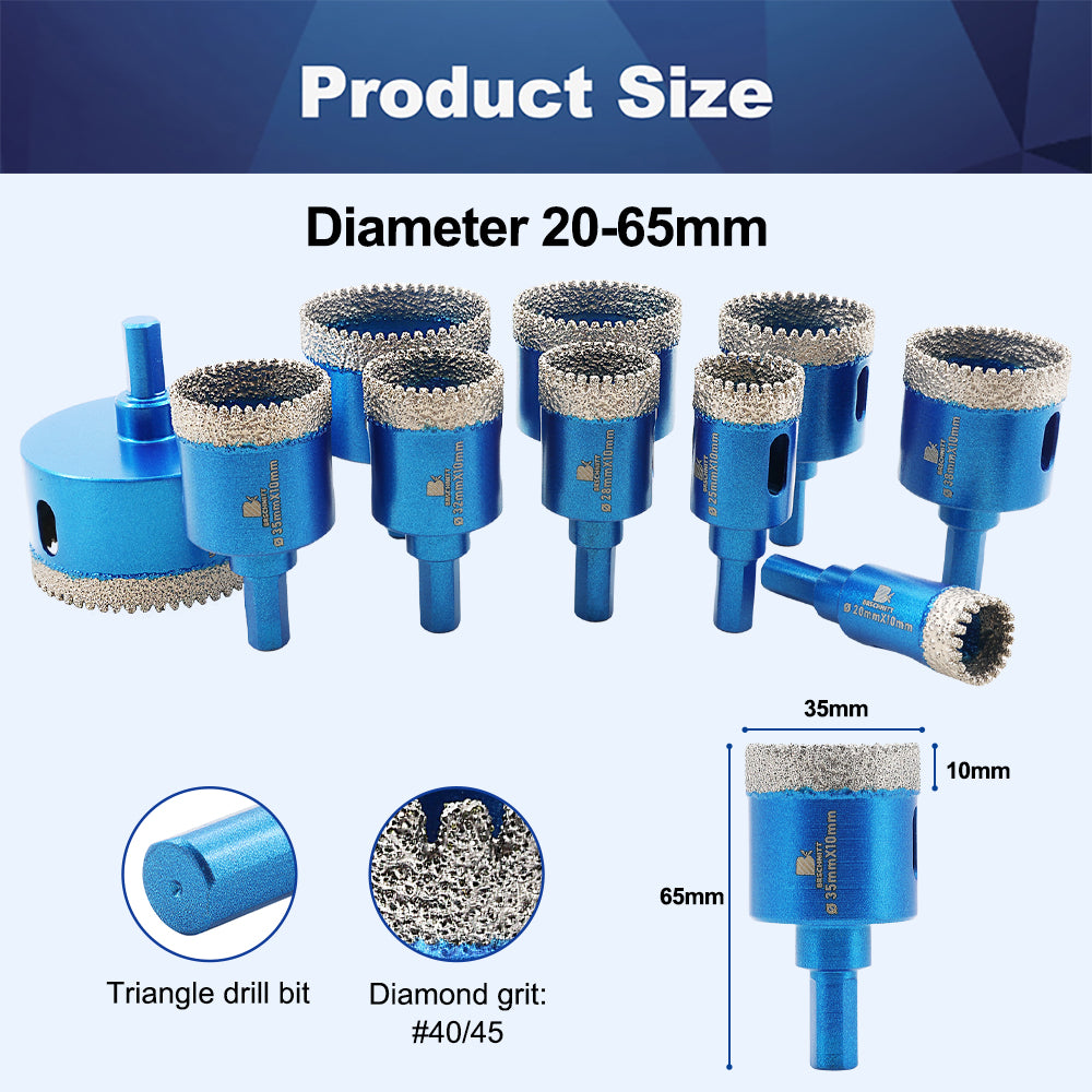 BRSCHNITT Triangle Shank Dry Diamond Core Drill Bit 20-65mm for Porcelain Tile Ceramic Granite Marble