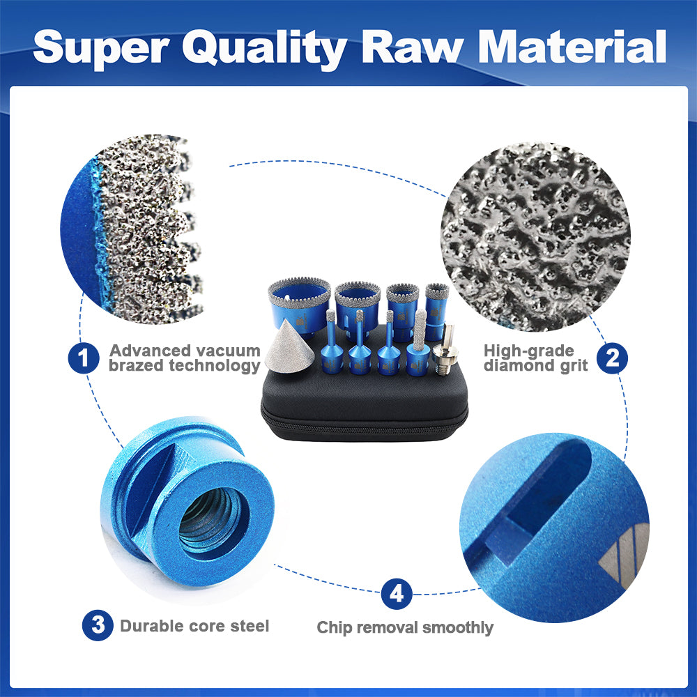 BRSCHNITT 10pcs 6-68mm Diamond Drill Bits Kit 5 inch Diamond Cutting Grinding Saw Blade Milling Bit 2inch Chamfer HEX Adapter For Tile Granite Marble