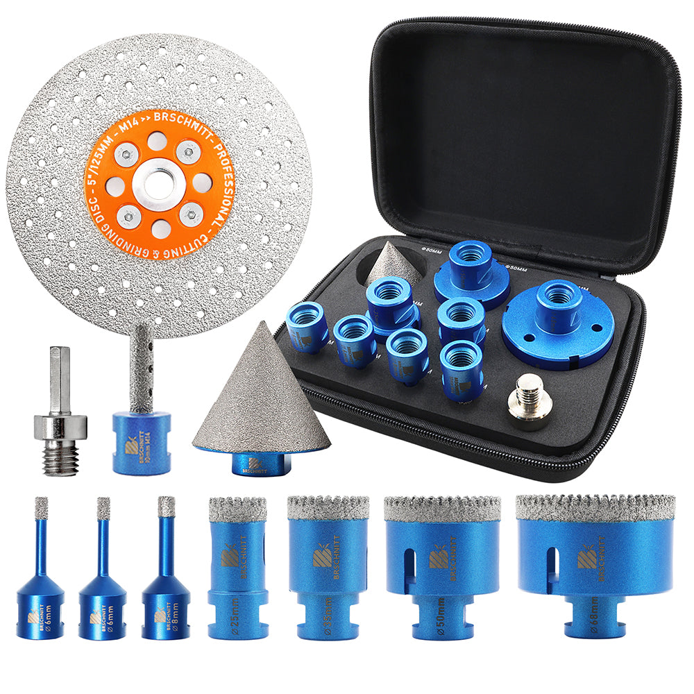 BRSCHNITT 10pcs 6-68mm Diamond Drill Bits Kit 5 inch Diamond Cutting Grinding Saw Blade Milling Bit 2inch Chamfer HEX Adapter For Tile Granite Marble