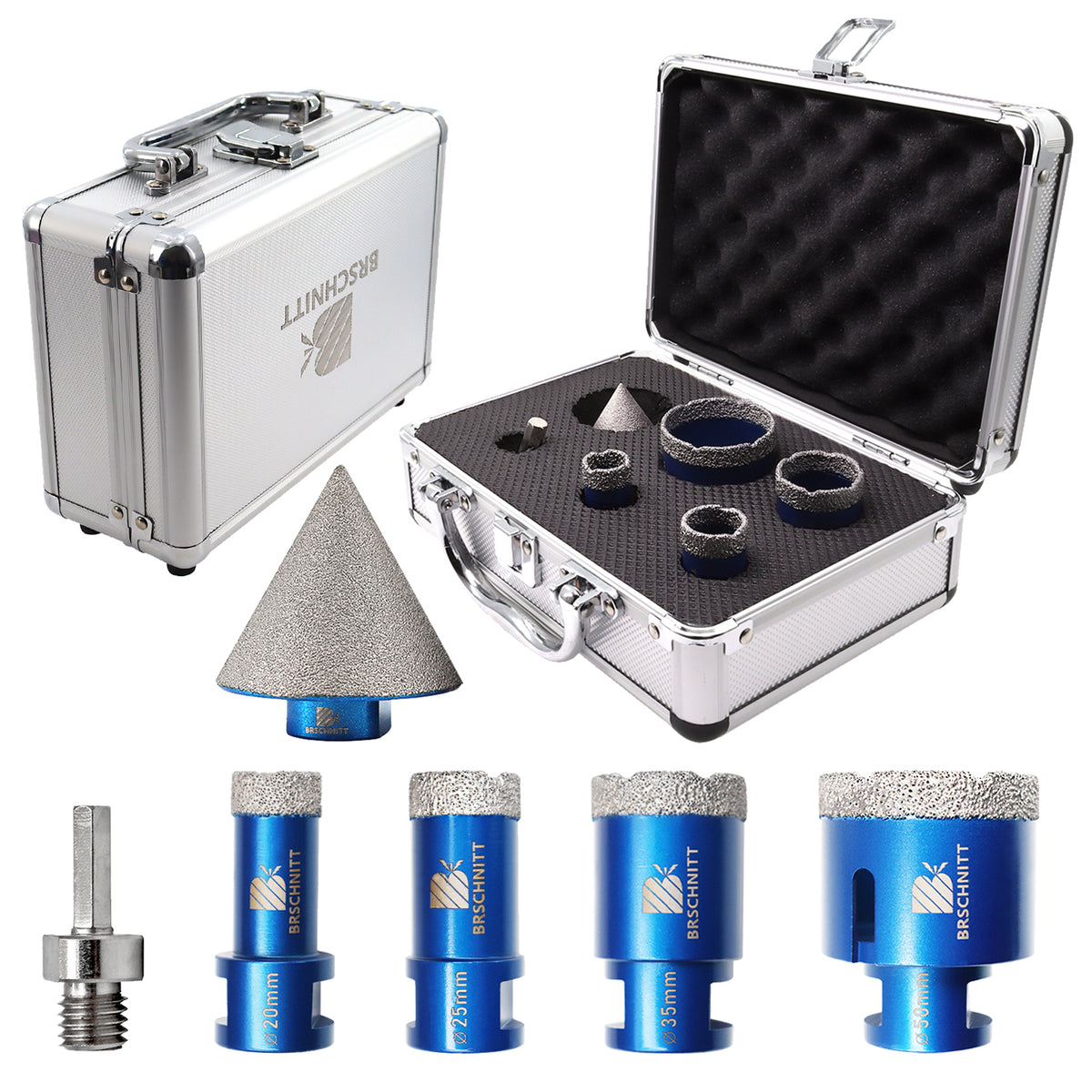 BRSCHNITT M14 Vacuum Brazed Diamond Drill Bit Set 20-50mm with 50mm Chamfer Bit for Tile Porcelain Granite Marble