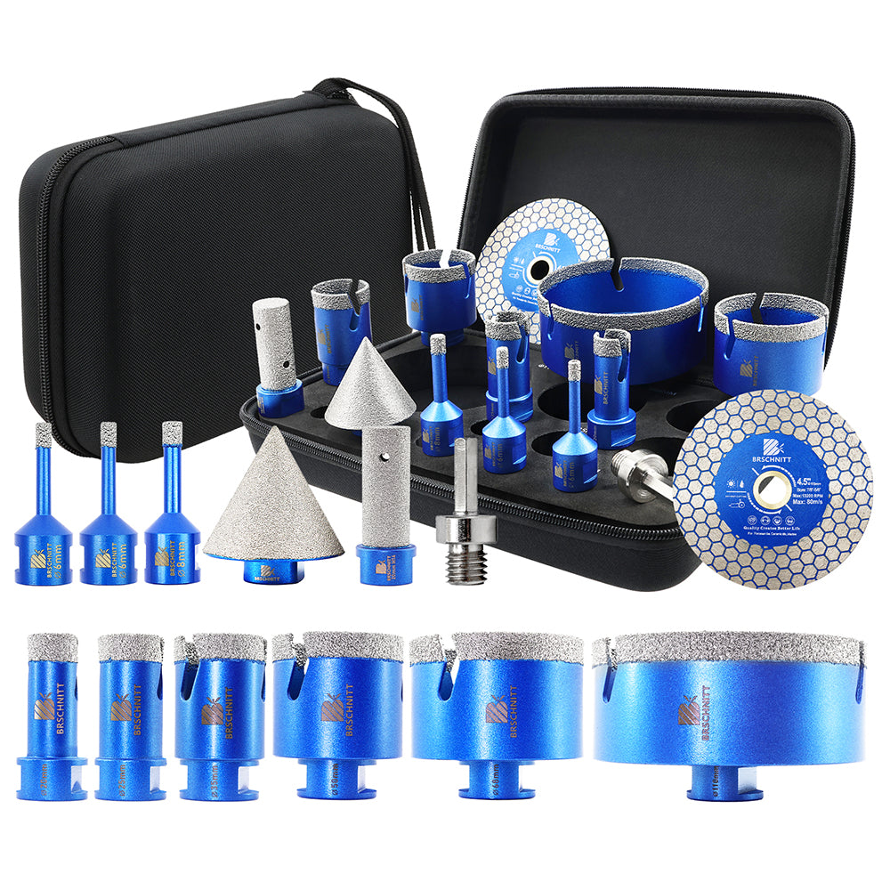 BRSCHNITT M14 Thread Diamond Drill Set 6-110mm with Finger Router and Chamfer Bit for Tile Granite Marble