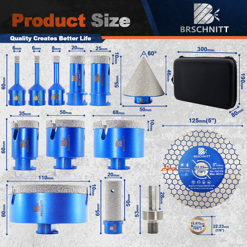 BRSCHNITT M14 Thread Diamond Drill Set 6-110mm with Finger Router and Chamfer Bit for Tile Granite Marble