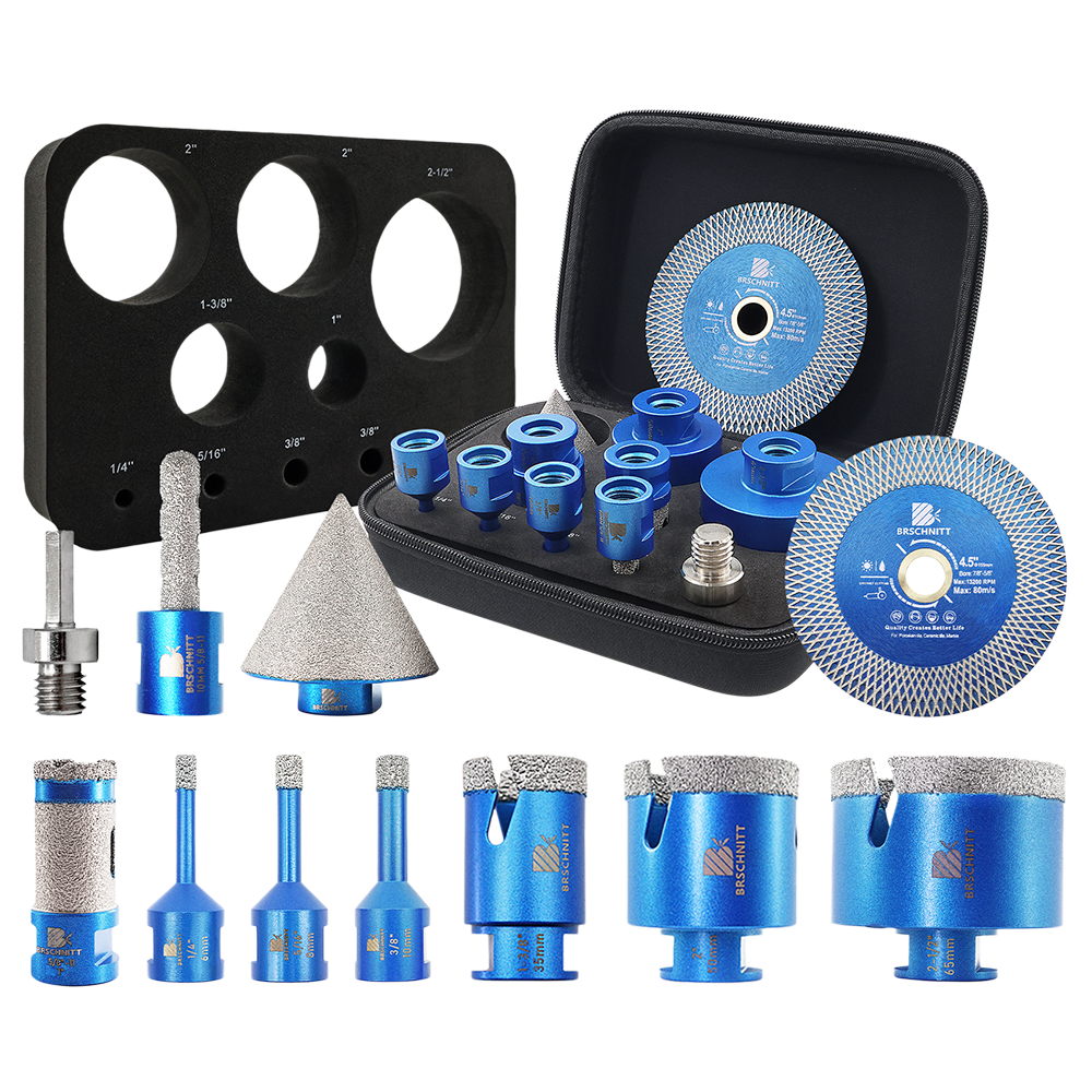 BRSCHNITT 11pcs 5/8"-11 Diamond Drill Bit Set 6-65mm with Milling & Chamfer Bits for Tile Granite Marble