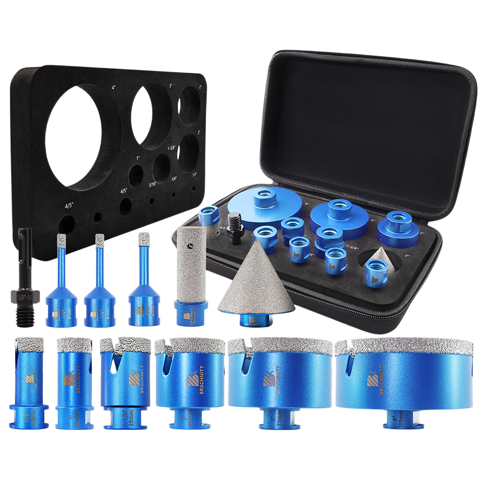 BRSCHNITT 12pcs 5/8"-11 Diamond Drill Bit Set 6-100mm with Milling & Chamfer Bits for Marble Stone