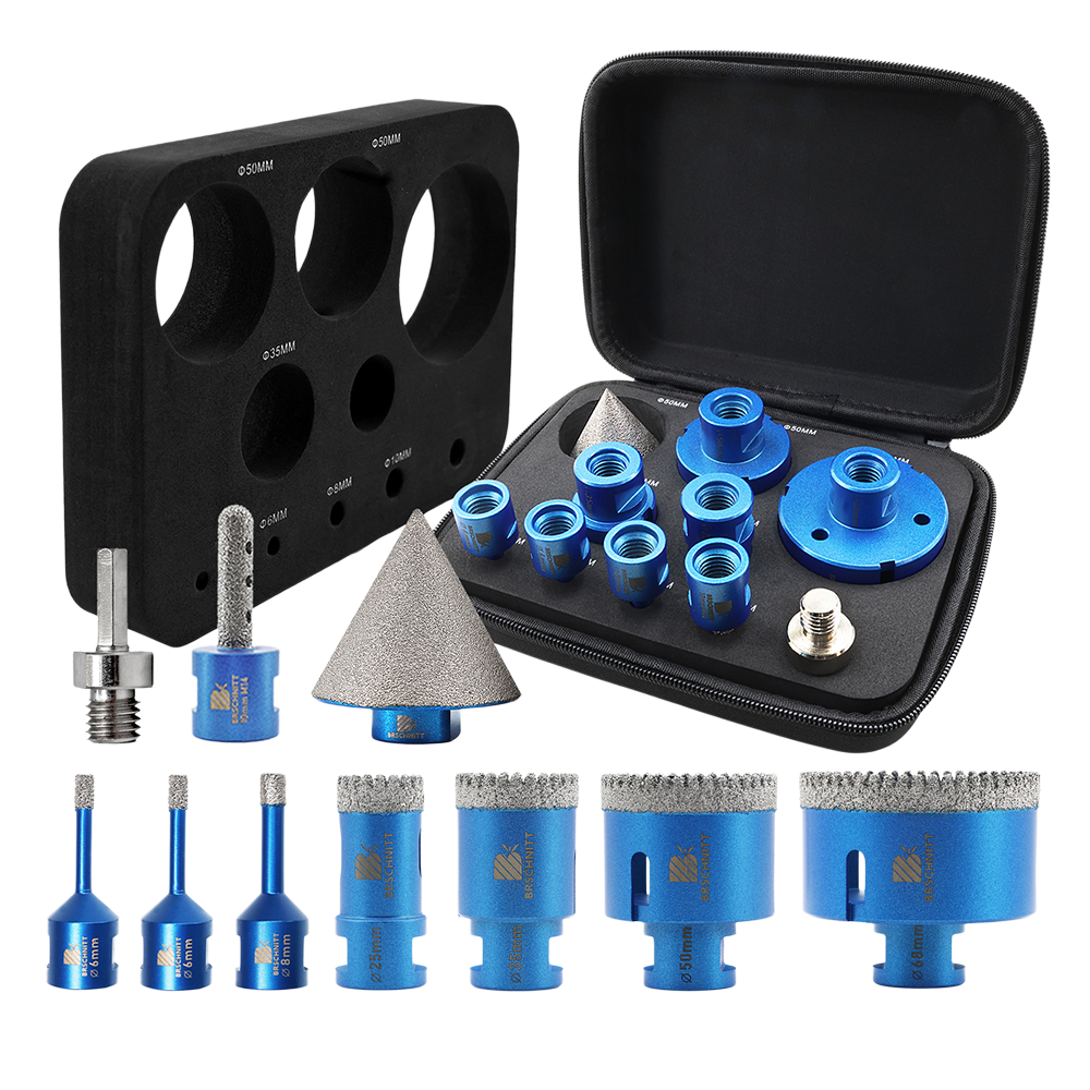 BRSCHNITT 10pcs M14 Diamond Drill Bit Set 6-68mm U-Groove Teeth Dry & Wet with Milling & Chamfer Bits for Tile Granite