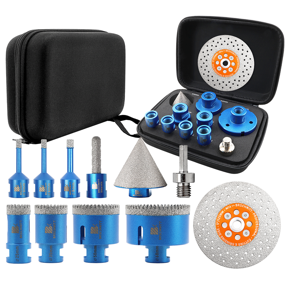 BRSCHNITT 11pcs M14 Vacuum Brazed Diamond Dry & Wet Drill Bit Set 6-68mm with Milling & Chamfer Bits for Marble