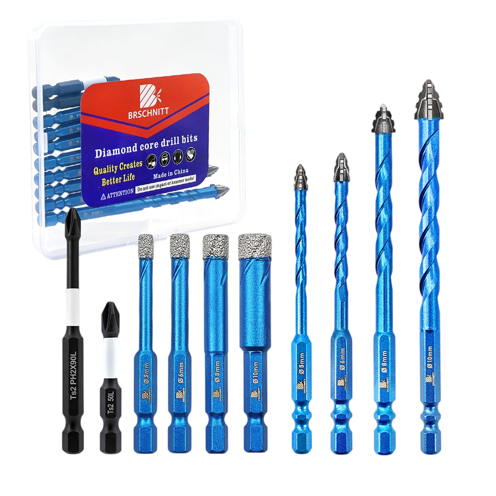 BRSCHNITT 10pcs Diamond & Carbide Masonry Drill Bits 3/16"–3/8" with 1/4" Hex Shank and PH2 Screwdriver Bits