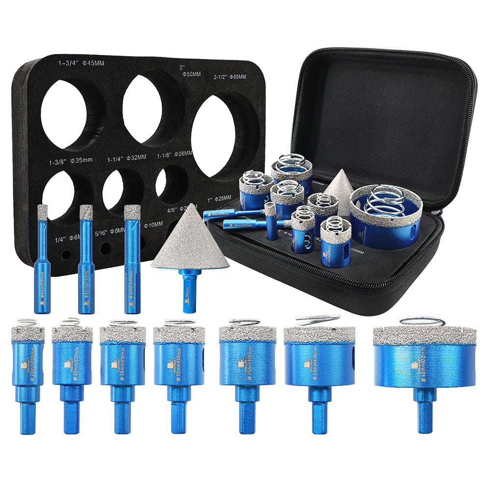 BRSCHNITT 11pcs Hex Shank Diamond Core Drill Bit Set 6-65mm Hole Saw with Spring for Ceramic Tile Marble