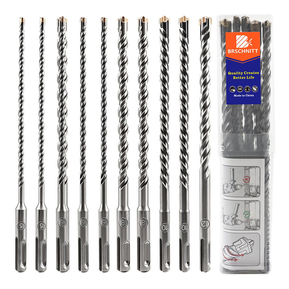 BRSCHNITT SDS Plus Carbide Cross Tip Drill Bit Set 10pcs 5-12mm for Concrete Brick Stone Masonry