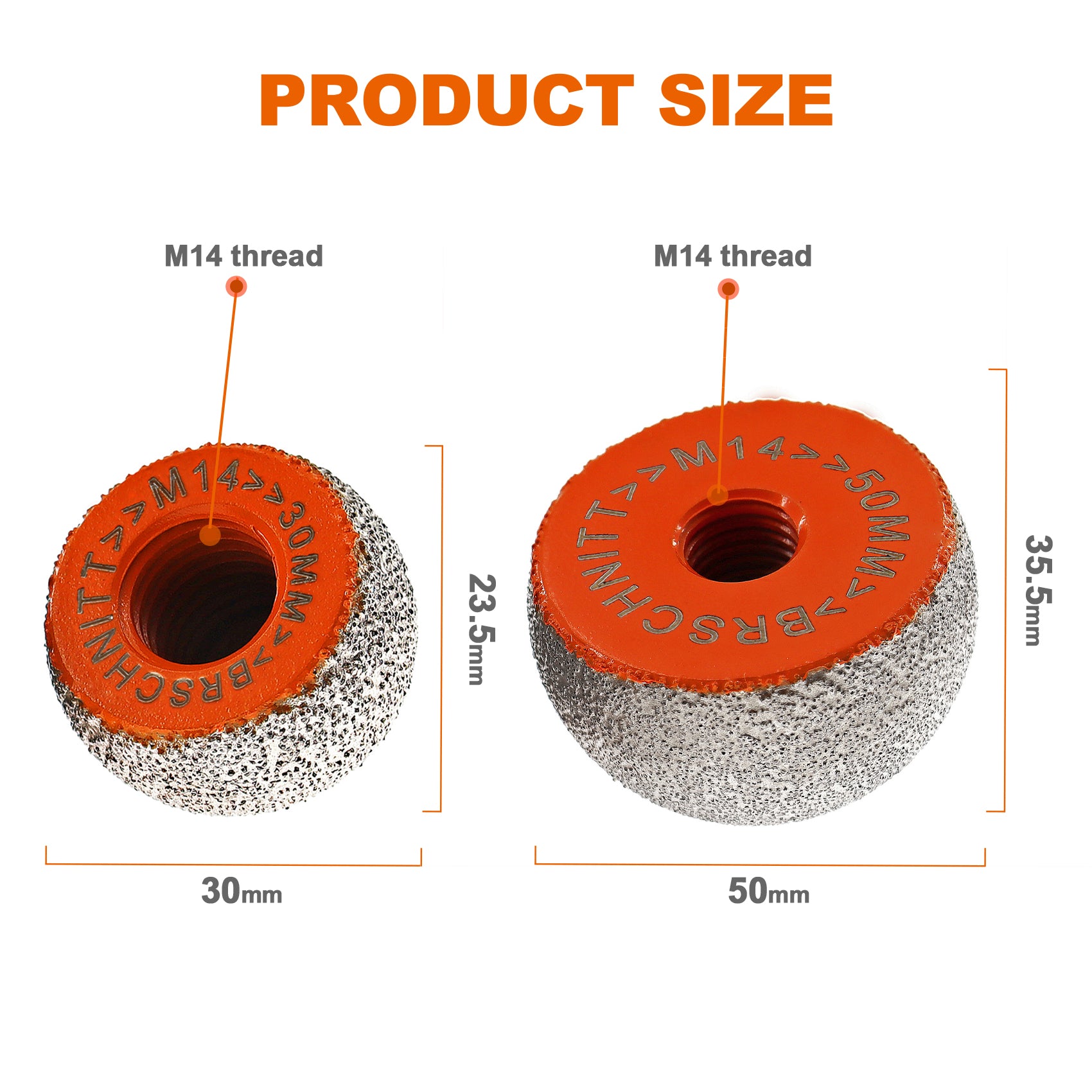 BRSCHNITT M14 & 5/8"-11 Diamond Mushroom Head Milling Bit 30-50mm for Pebble Marble Granite