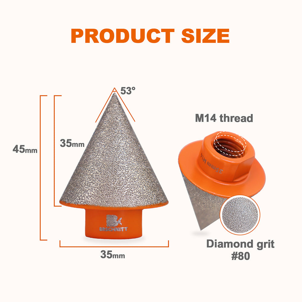 BRSCHNITT  Diamond Beveling Chamfer Milling Bits Vacuum Brazed 1pc or 2pcs Dia 35mm Enlarging Shaping Beveling Existing Holes Ceramic Tile Porcelain M14 Thread