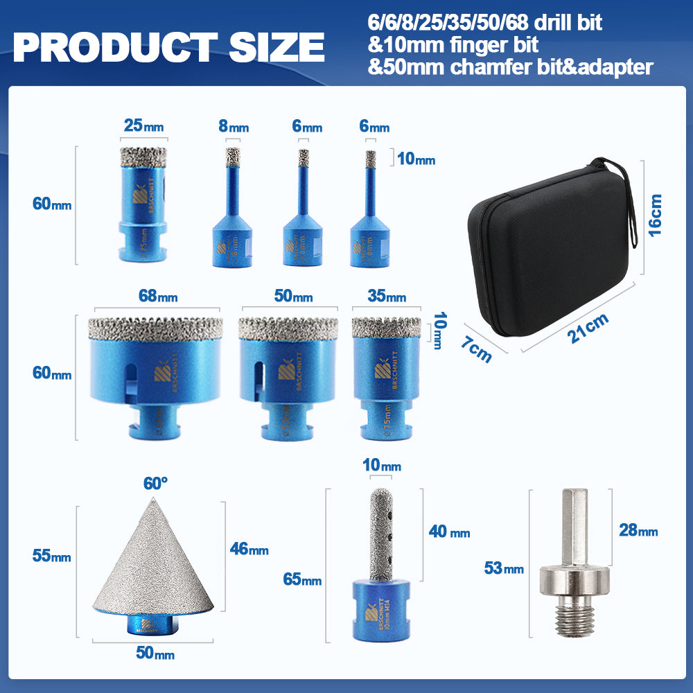 BRSCHNITT 10pcs 6-68mm Diamond Drill Bits Kit Milling Bit 2inch Chamfer HEX Adapter For Tile Granite Marble