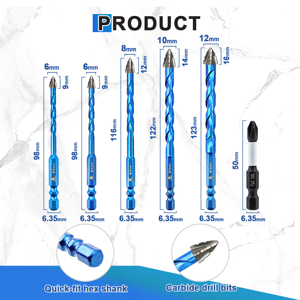 BRSCHNITT 6pcs 5/6/8/10/12mm Drill Bit Set with Tungsten Carbide Tip for Wood Plastic Masonry Ceramic Tile Concrete